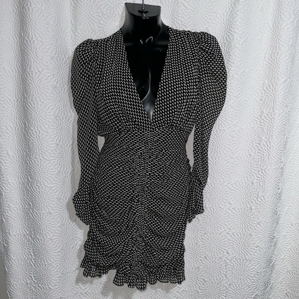 Zara black white Ruched Puff Sleeve draped mini Dress S